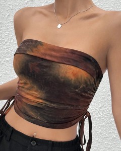 Factory made sexy strapless tie dye drawstring side crop tube top