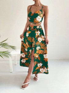 Vacation Style Floral Print Sets Halter Top 2 Piece Split Maxi Skirt Set