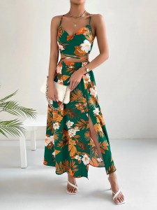 Vacation Style Floral Print Sets Halter Top 2 Piece Split Maxi Skirt Set