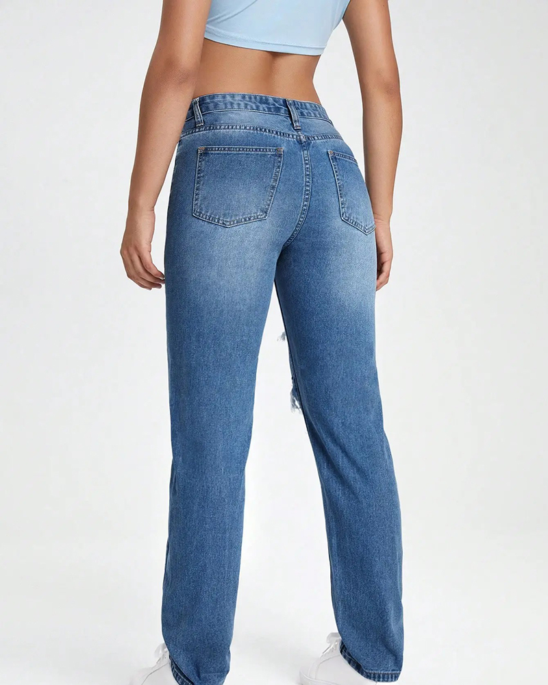 Custom cotton high waist hole casual jeans pants