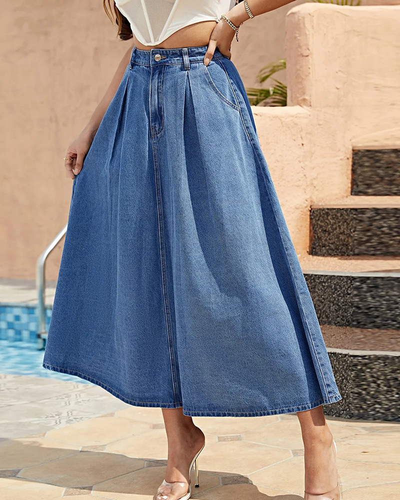 Factory made romantic casual high waist plicated denim skirt
