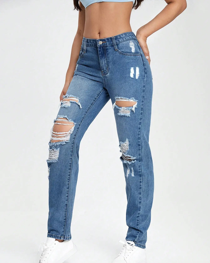 Custom cotton high waist hole casual jeans pants