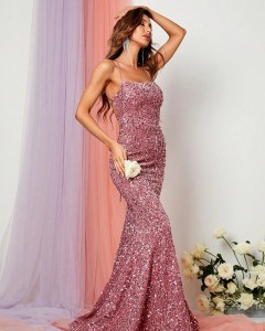 Lady custom evening backless mermaid hem sequin maxi dress