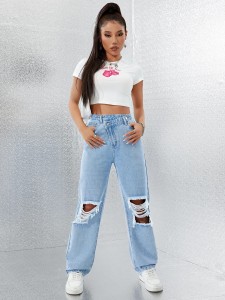 Factory made asymmetrical waist ripped straight jeans