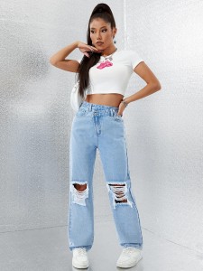Factory made asymmetrical waist ripped straight jeans