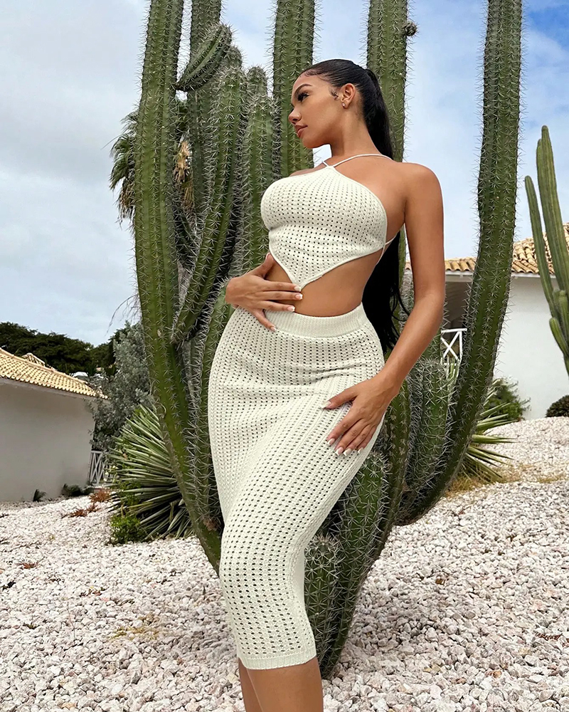 Women custom sexy knit solid backless crop top bodycon skirt set