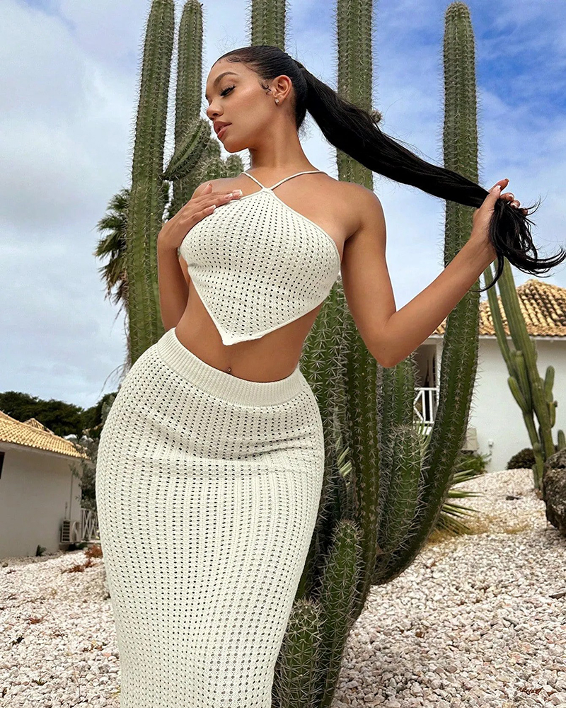 Women custom sexy knit solid backless crop top bodycon skirt set