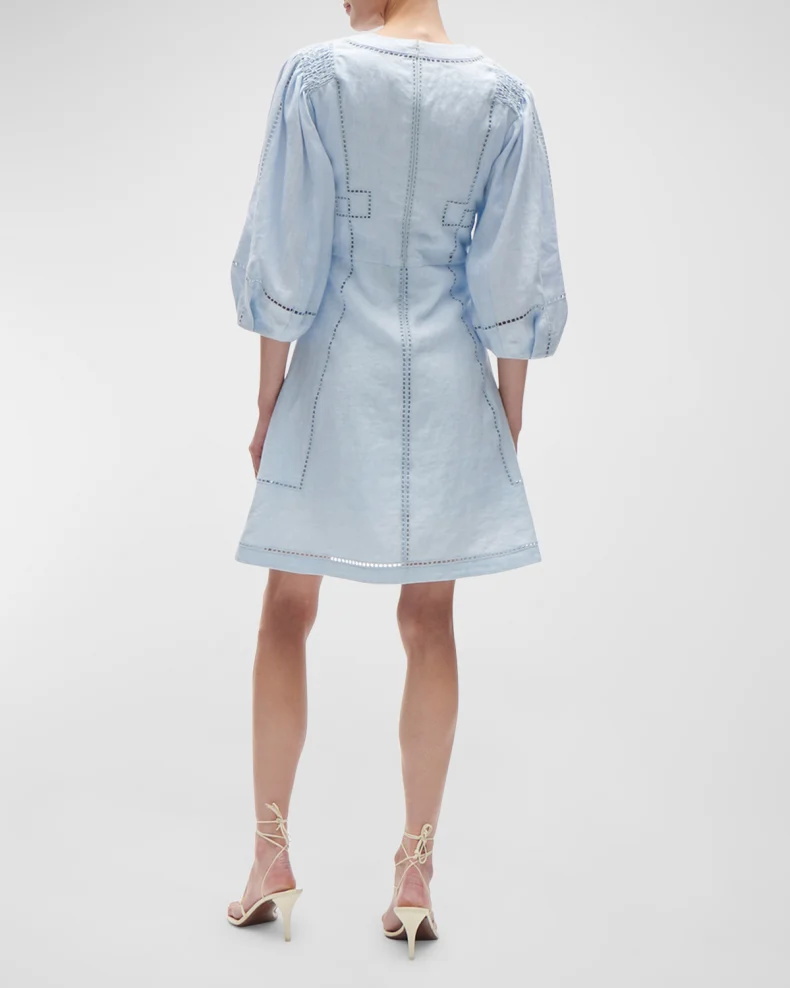 Lattice Embroidered 34-Sleeve Linen Mini Dress (1)