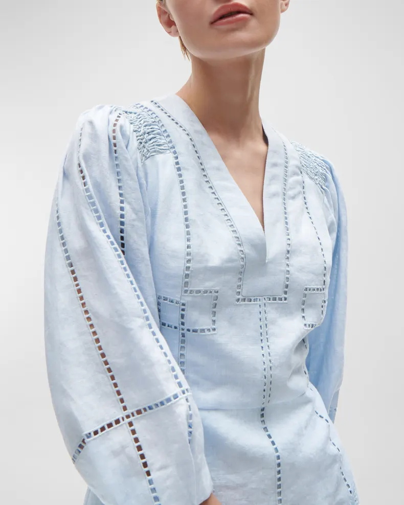 Lattice Embroidered 34-Sleeve Linen Mini Dress (2)