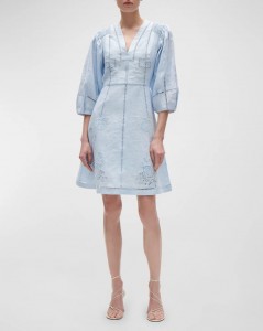 Lattice Embroidered 3/4-Sleeve Linen Mini Dress