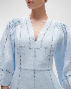 Lattice Embroidered 3/4-Sleeve Linen Mini Dress