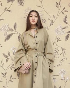 Custom button loose belt waist elegant casual khaki coat X