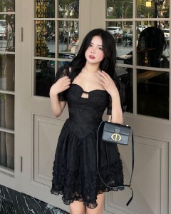 Custom black lace hollow out ruffle sexy mini dress