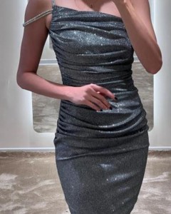 Custom asymmetric shoulder ruched party bodycon mini dress