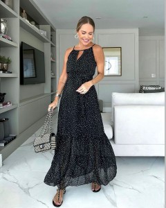 Lady custom halter loose black simple casual maxi dress