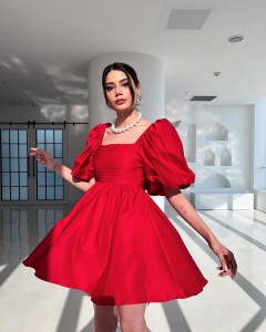 OEM square collar puff sleeve bow back pretty mini dress