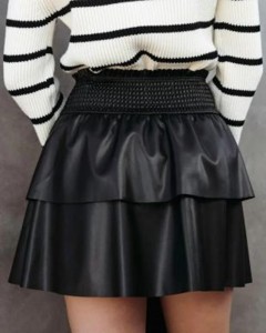 Made in factory PU high elastic waist ruffle black mini skirt