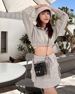 OEM turn-down collar crop top elastic waist mini dress simple set
