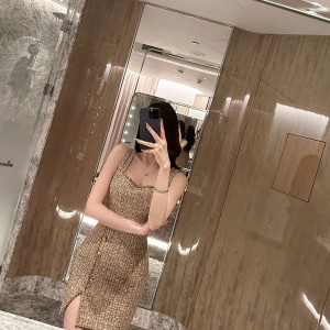 Casual Tweed Slit Mini Dress Sleeveless Halter Dress