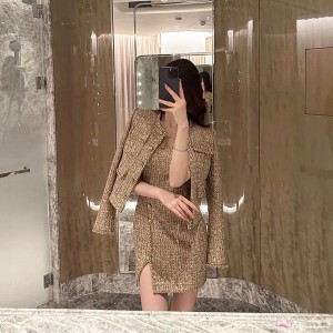 Casual Tweed Slit Mini Dress Sleeveless Halter Dress