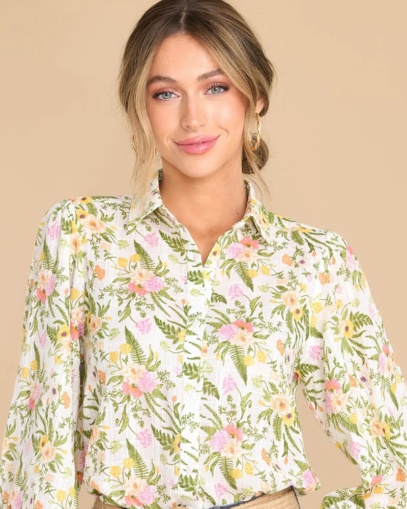 OEM floral print long sleeves shirt green tops