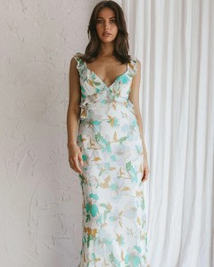 Lady custom halter casual floral ruffle trim midi dress