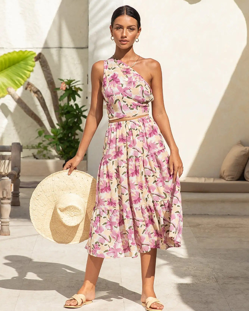 ODM club midi skirt pleated evening elegant floral print sets